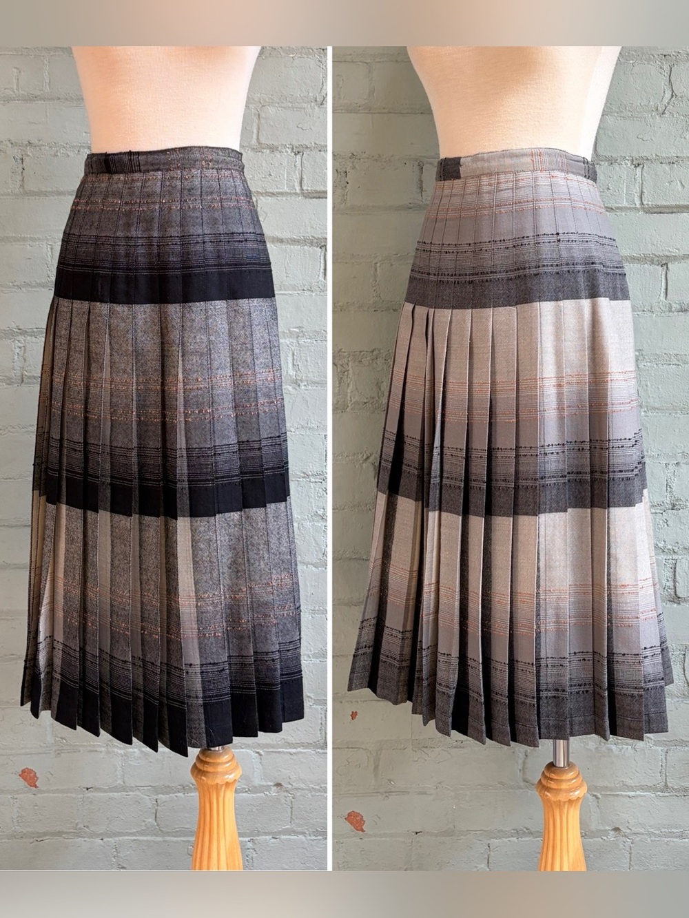 Vintage Reversible Pleated Plaid Midi Skirt in Gray and Black